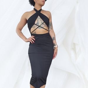 Shein halter criss cross black bodycon midi dress size M